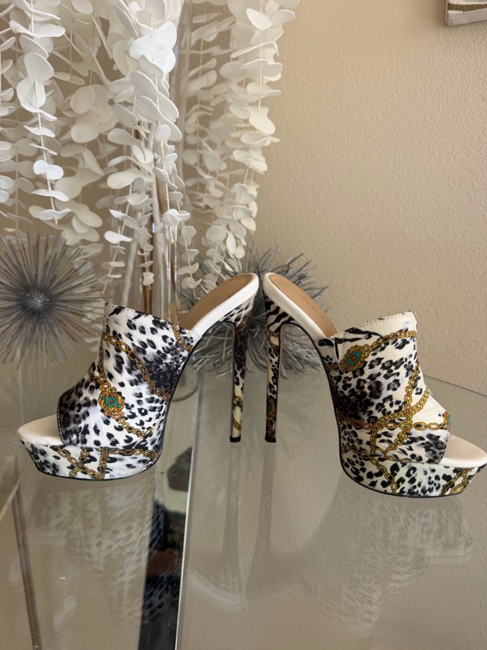 High Heel Platform Mules in White Leopard Chain Print - Picture 2 of 6